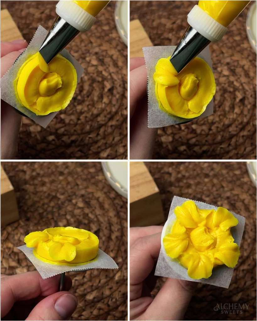Yellow buttercream being piped into the first ruffled layer of marigold petals around the base using a Wilton #103 tip.
